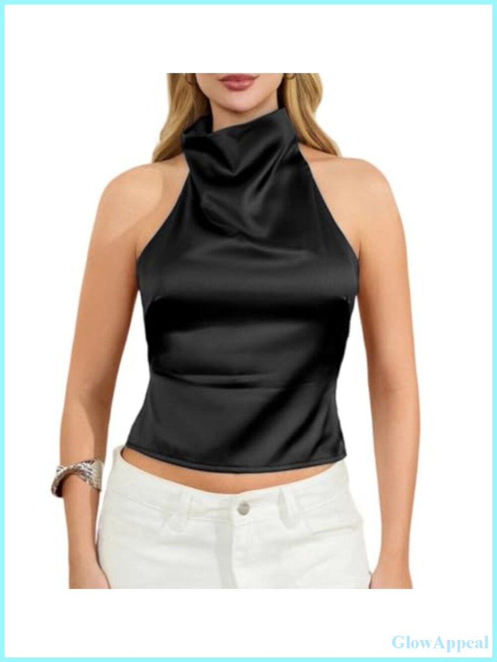 Satin Mock Neck Backless Halter Tank Top Sleeveless Dressy Casual